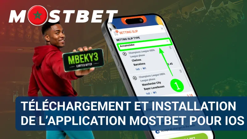 Un iPhone affiche la procédure de téléchargement de l’application MostBet depuis un service mobile.