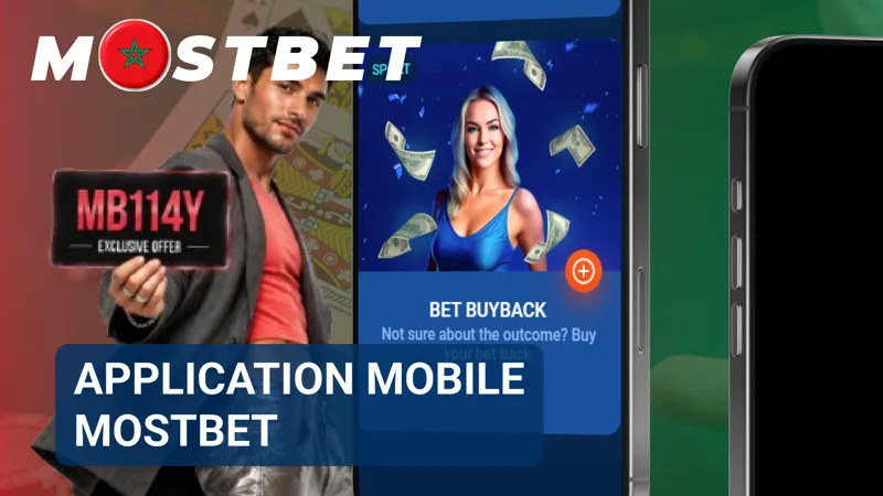 Un smartphone affiche l’application mobile MostBet avec des boutons de téléchargement pour Android et iOS au Maroc.
