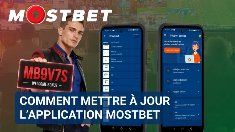 Une notification signale la disponibilité d’une nouvelle version de l’application MostBet sur un appareil mobile.